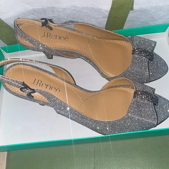 J. Renee Sz 9.5 N Narrow Slingback Peep Toe Metallic Silver Sparkle - Picture 3 of 6